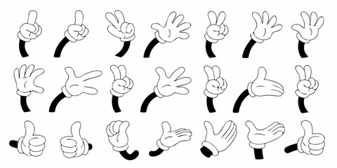 Collection of cartoon hands in white gloves showing different gestures and counting numbers