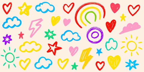 Collection of colorful hand drawn doodles including hearts stars clouds sun lightning bolts and rainbows on a light background
