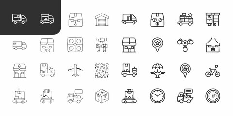 Collection of hand drawn icons representing logistics delivery services and transportation methods