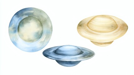 Three watercolor illustrations of UFOs in different colors