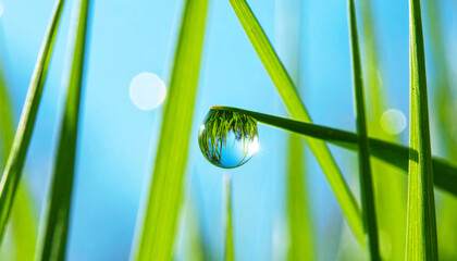 Water droplet on blade of grass, macro shot. AI
