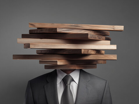 Unique art installation features wooden planks as a head above a suited figure, exploring themes of identity in a modern context Generative AI - Powered by Adobe