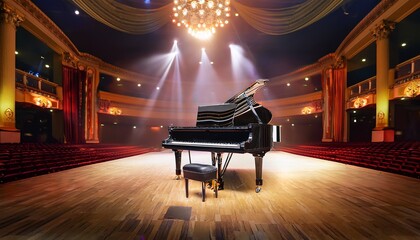 a grand piano with a bench is illuminated on an empty concert hall stage under warm lights concept of music and elegance for music event promotions