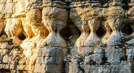 Ethereal Rock Formations with Natural Arches and Caves Illuminated by Golden Hour Light
