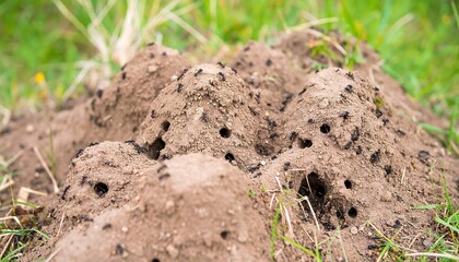 Fototapeta premium A close-up view of an ant hill, showing numerous ants working on mounds of brown soil with many small holes.