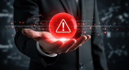 Man's outstretched hand displaying a glowing red warning sign with digital data overlay