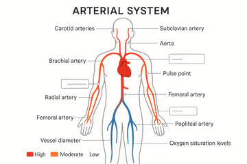 Arterial System Illustration Showing Blood Flow and Oxygen Saturation Levels in Human Body [Illustration]