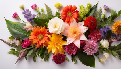 Obraz premium vibrant floral cascade a striking arrangement of colorful flowers and lush greenery on a simple backdrop