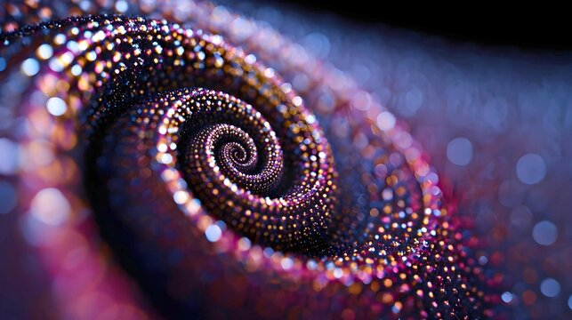Abstract swirling spiral pattern with bioluminescent dots and deep purple hues capturing a cosmic dance