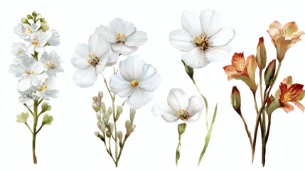 A collection of delicate white and orange flowers, featuring various types including blossoms and buds, set against a clean white background