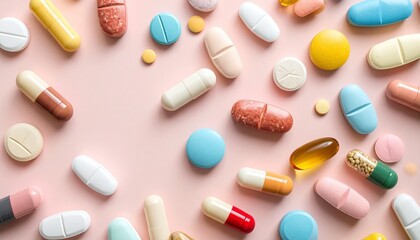 Assorted pharmaceutical pills and capsules scattered on a light blue surface