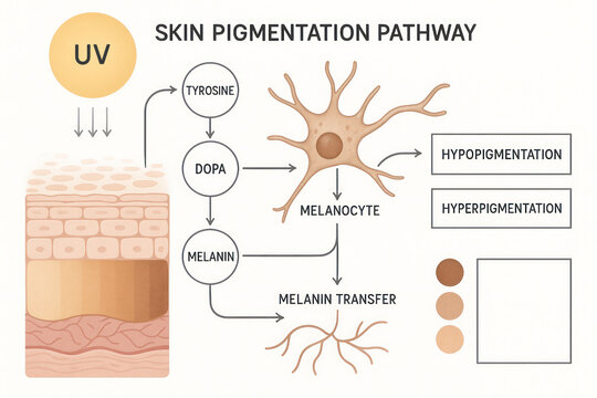 Skin Pigmentation Pathway Illustration, Melanin Production Process, UV Exposure, Skin Health [Illustration]