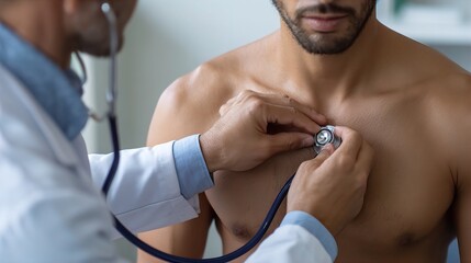 Professional Male Doctor Attentively Listens to the Chest of a Young Adult Patient with a Stethoscope During a Detailed Health Check-up