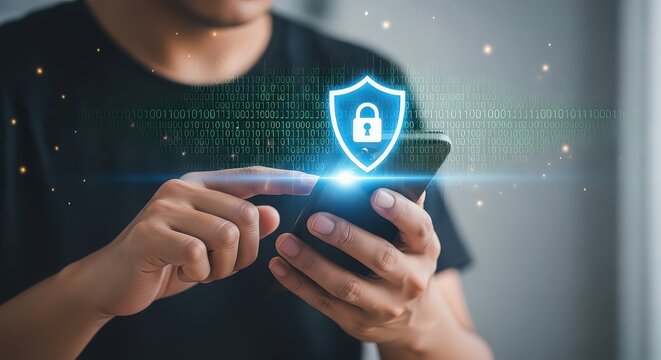 Person using smartphone with glowing digital shield and binary code security overlay