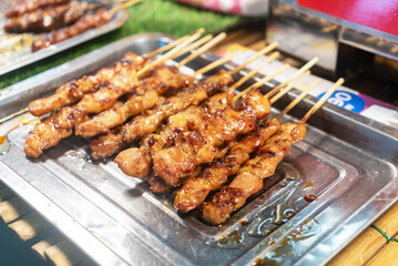 Grilled Meat Skewers on Metal Tray