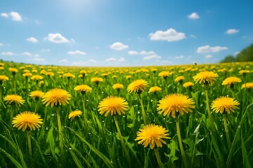 Obraz premium Lush Green Meadow with Blooming Dandelions under Bright Sunshine.