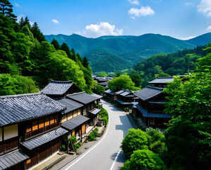 Idyllic Japanese village nestled amidst lush green mountains under a bright blue sky