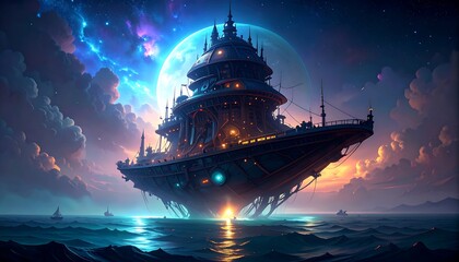 Fototapeta premium Floating castle on a moonlit sea