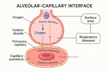 Alveolar-Capillary Interface Diagram: Illustration of Gas Exchange in the Lungs, Medical Illustration