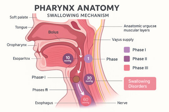 Pharynx Anatomy: Swallowing Mechanism Illustration of the human throat and swallowing process.