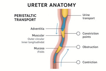 Ureter Anatomy and Peristaltic Transport Illustration, showing layers, urine flow, and potential issues.