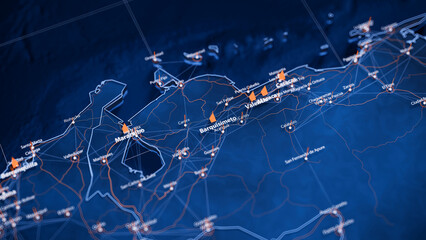 Barquisimeto map big data visualization. Futuristic map infographic of city in Venezuela. Visual map data complexity in modern blue and orange colors