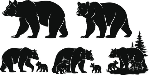 Bear family silhouette vector set with cubs, forest trees, wildlife poses, nature animal icons for outdoor, woodland design themes © Afsun Creative