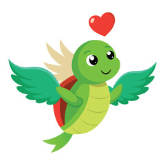 Adorable Turtle Cartoon – Fantasy Animal with Wings and Heart