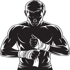 A monochrome illustration of a muscular boxer wrapping his hands in preparation for a fight or training