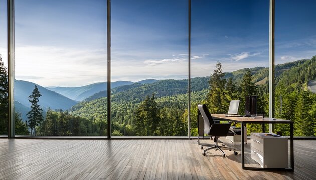 modern mountain office overlooking forest
