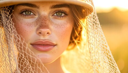 Woman Portrait with Freckles and Mesh Veil in Golden Hour Light