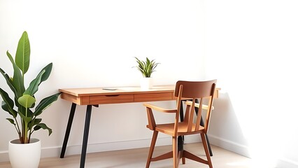 Fototapeta premium A minimalist office corner features a wooden desk and chair with a single potted plant, illuminated by clean natural ambient light.