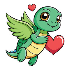 Adorable Turtle Cartoon – Fantasy Animal with Wings and Heart
