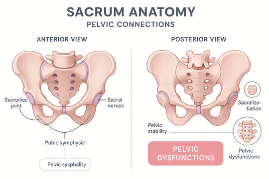 Sacrum Anatomy Pelvic Connections, Anterior and Posterior View, Pelvic Dysfunctions - Illustration