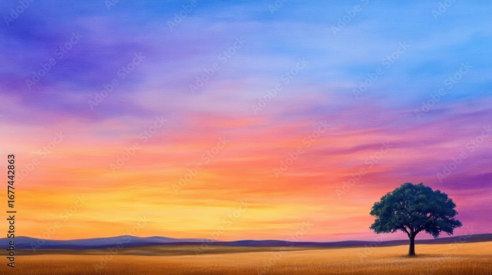 Poster quiet field with single tree in shadow, under an intense sunset sky filled with textures