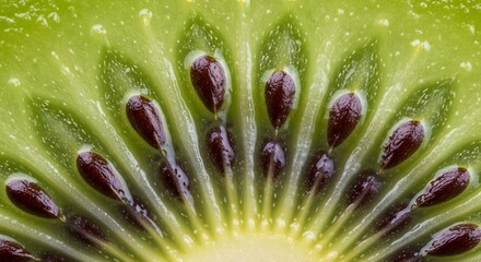 Extreme Macro Close-up of Vibrant Green Kiwi Slice with Dark Seeds and Juicy Texture