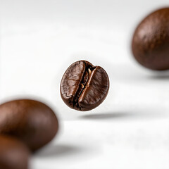 Macro view of rich dark roasted coffee beans suspended in air, evoking aroma and energy