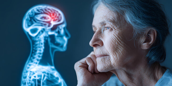 Elderly Woman Contemplates Brain Scan Cognitive Health Awareness - Powered by Adobe