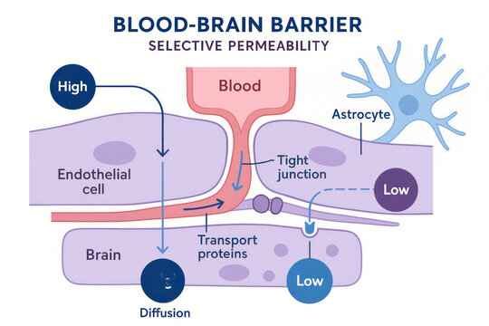 Blood-Brain Barrier Illustration - Selective Permeability of Endothelial Cells and Astrocytes [Illustration]