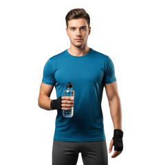 A fit man in workout gear holding a water bottle, promoting healthy hydration