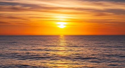 Fiery Sunset Over Calm Ocean: Golden Hour, Dramatic Sky, Tranquil Waters.
