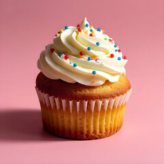 Decadent vanilla cupcake with creamy frosting and colorful sprinkles, perfect for celebrations