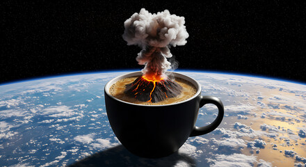 Surreal volcano in a cup of coffee background, erupting lava and smoke, bizarre planet earth wallpaper, abstract art backdrop.