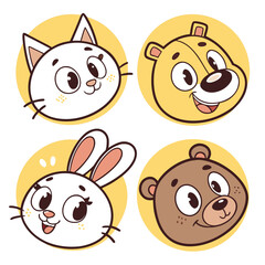 Cartoon animal faces of cat, bear, rabbit, and bear