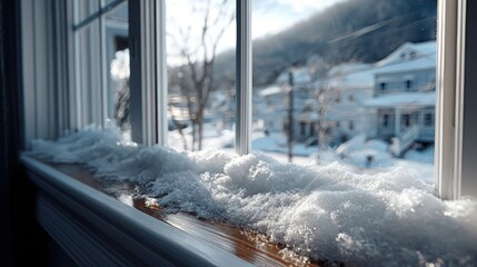 Snowy winter scene viewed through a windowsill covered with fresh snow.
