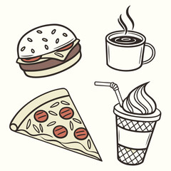 Illustration of burger, coffee, pizza slice, and ice cream