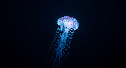 Mesmerizing glowing jellyfish on a dark blue background, vibrant purple and blue marine life, serene underwater wallpaper, enchanting bioluminescent sea creature backdrop.
