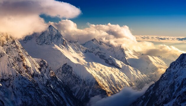 majestic snow capped mountains surrounded by clouds with radiant sunlight beaming brightly