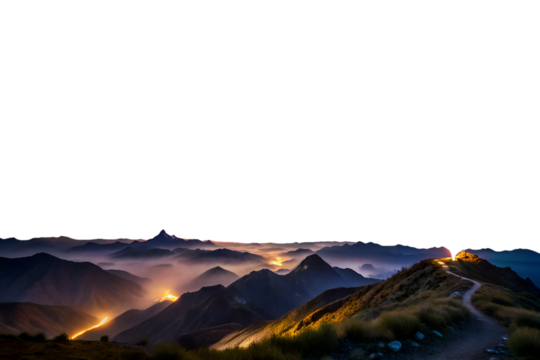 Serene Mountain Vista An ethereal landscape where a pathway leads towards a captivating horizon under the glow of twilight, inviting exploration