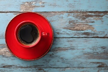 Red coffee cup on rustic blue wood table top view coffee break concept